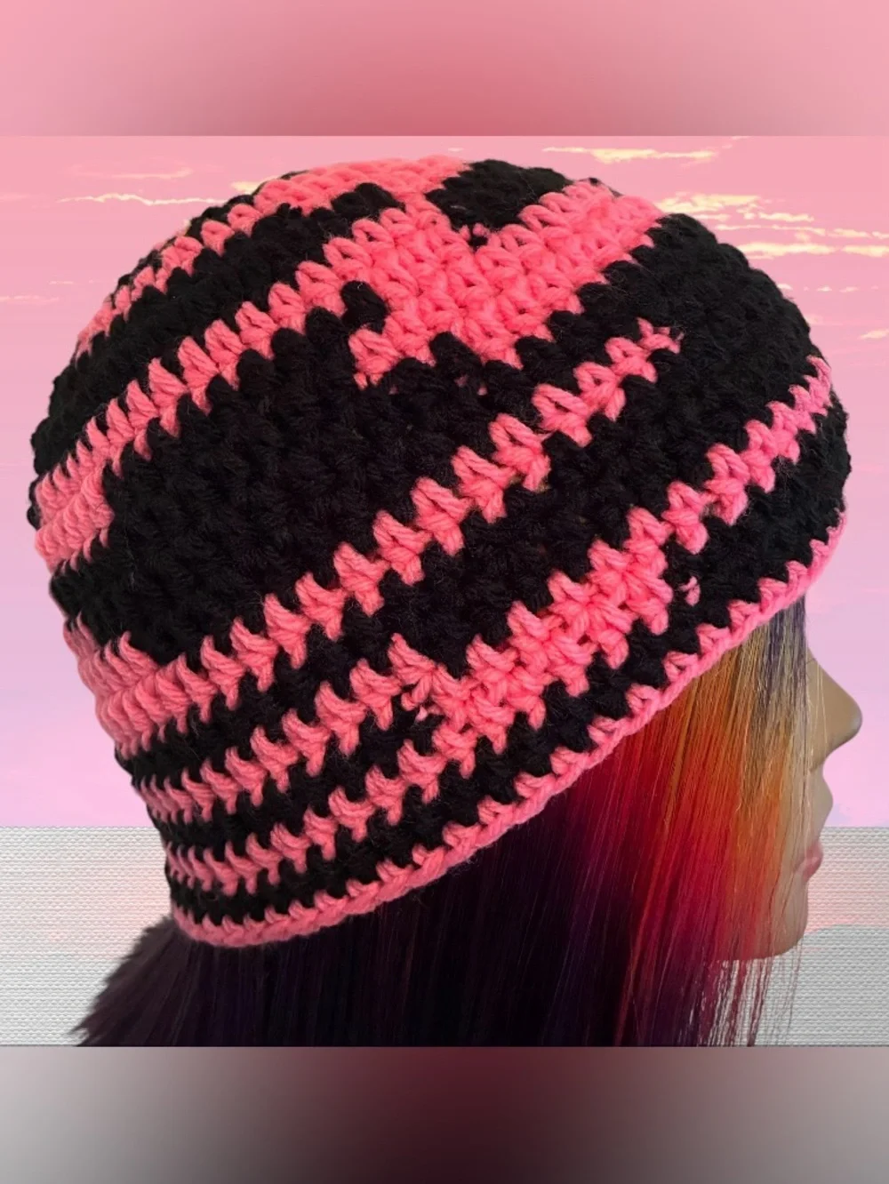 Handmade Black & Pink Crochet Beanie - Women’s Winter Hat